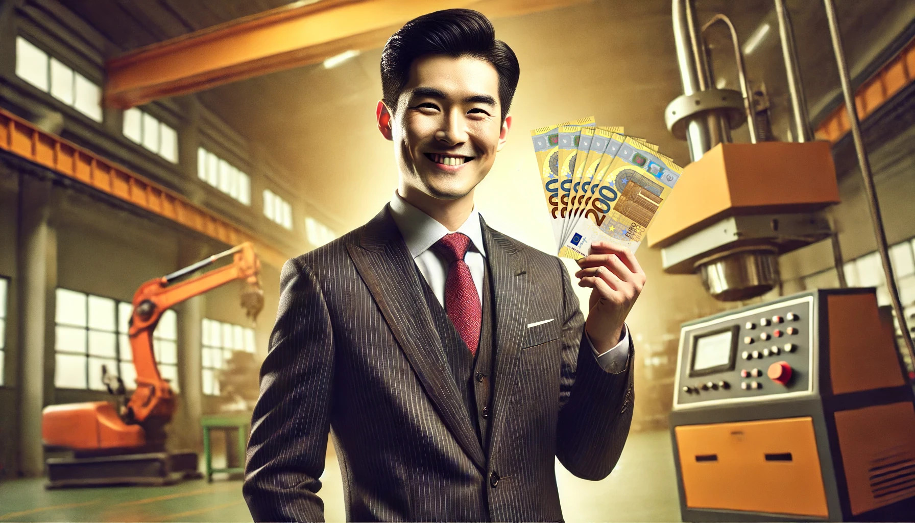 Un industriel chinois souriant avec des billets en euros dans la main